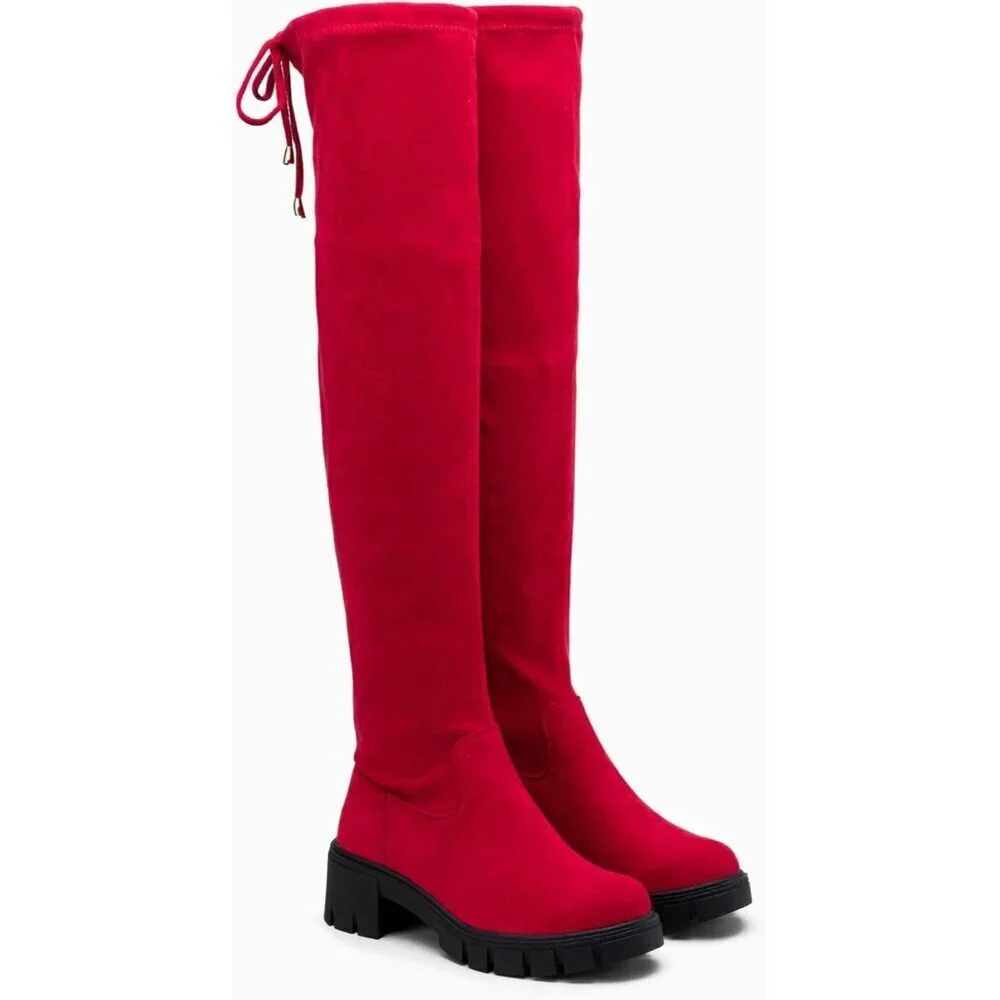 Women's Platform Boots-990-red Over The Knee Thigh High Round Toe Long Boot